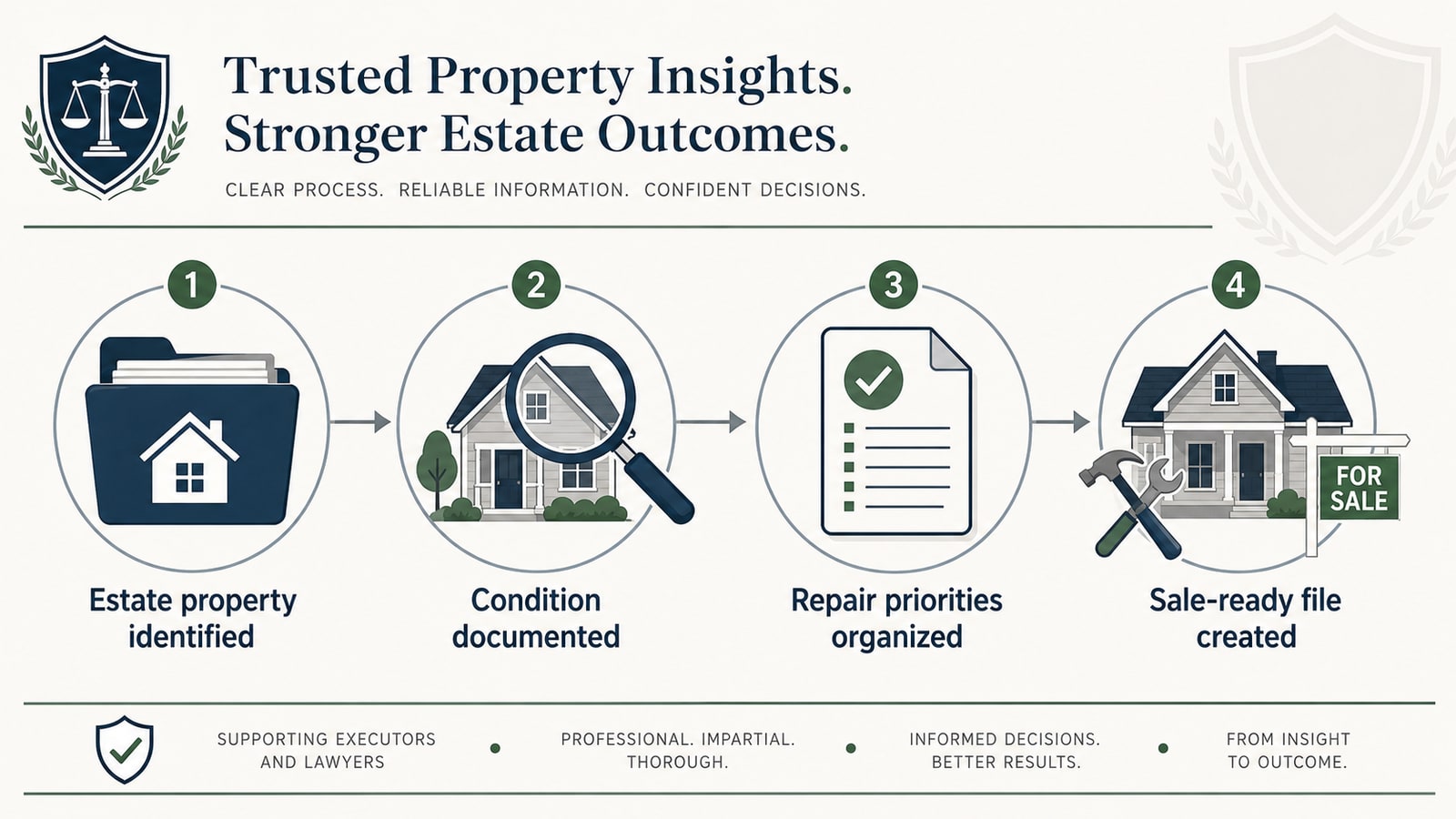Four-step estate process: estate property identified, condition documented, repair priorities organized, sale-ready file created.