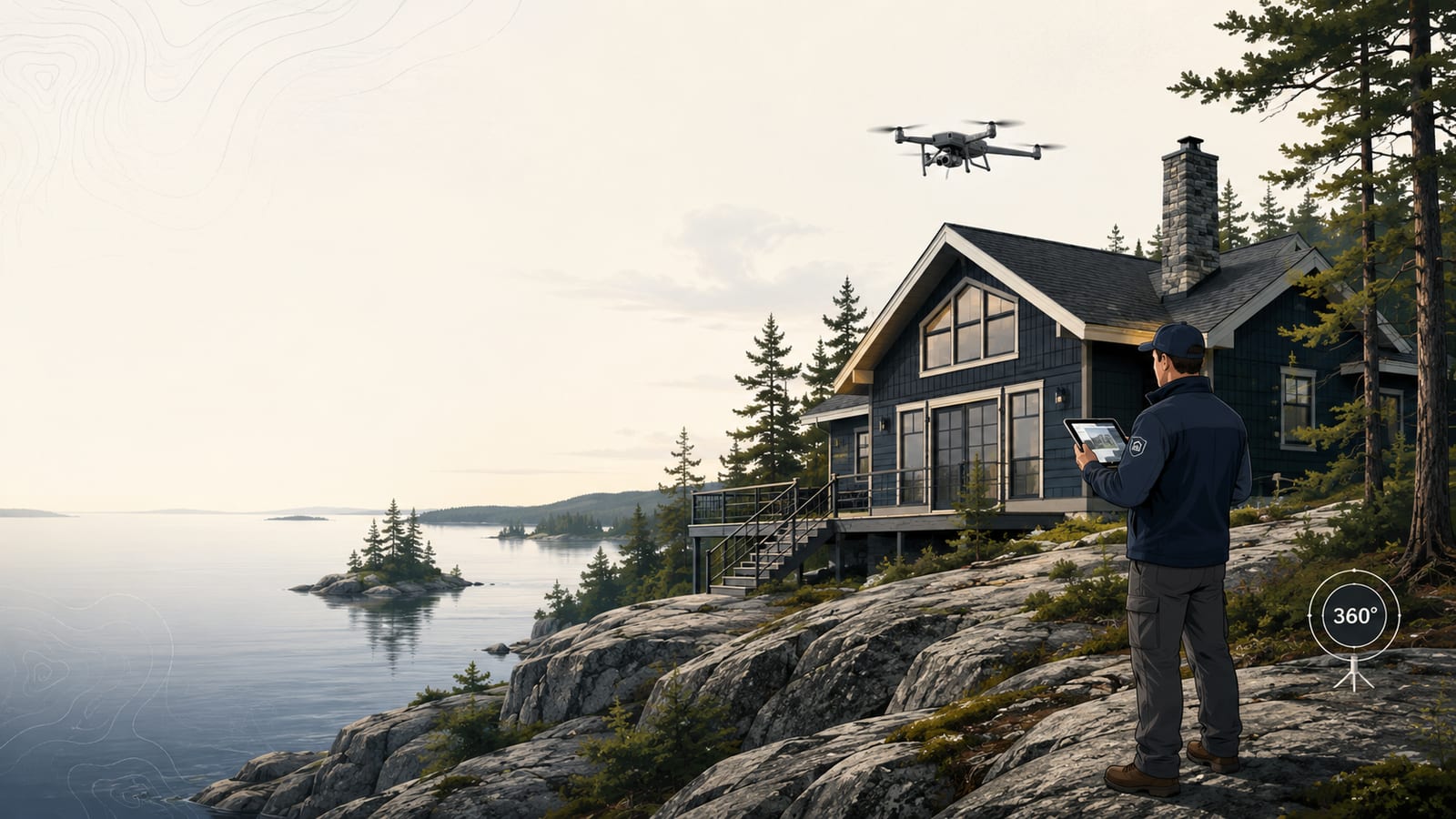 A property inspector with a tablet documenting a lakeside cottage on the Canadian Shield, a drone overhead and a 360-degree camera marker, in Northwestern Ontario.