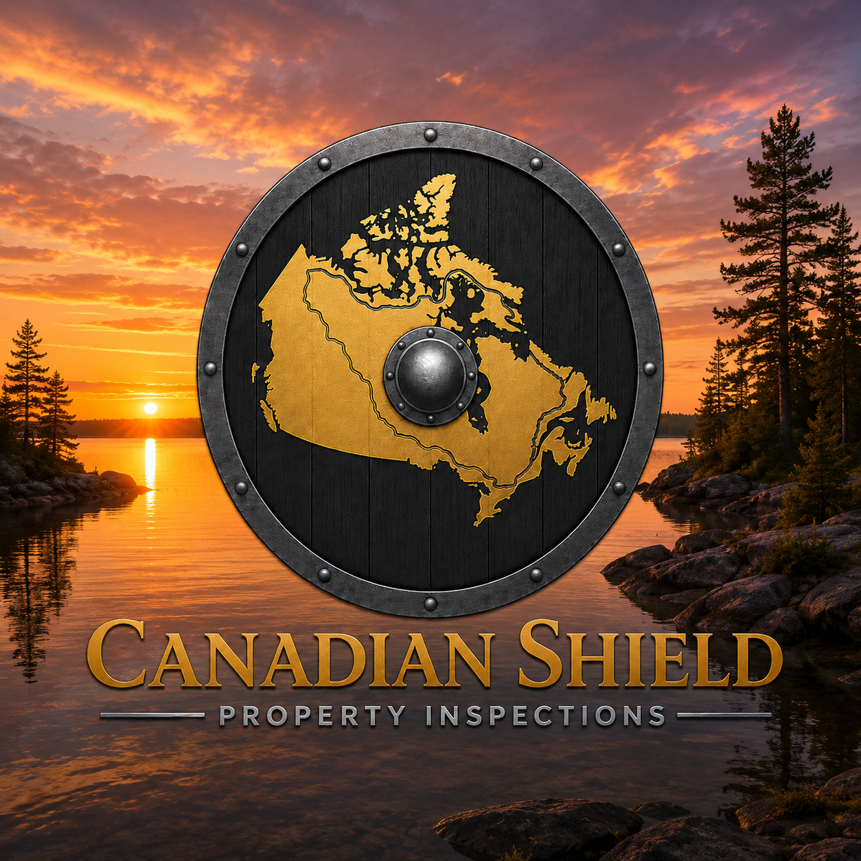 Canadian Shield Property Inspections crest — a Viking round shield bearing the outline of Canada, over a Northwestern Ontario lake at sunset.