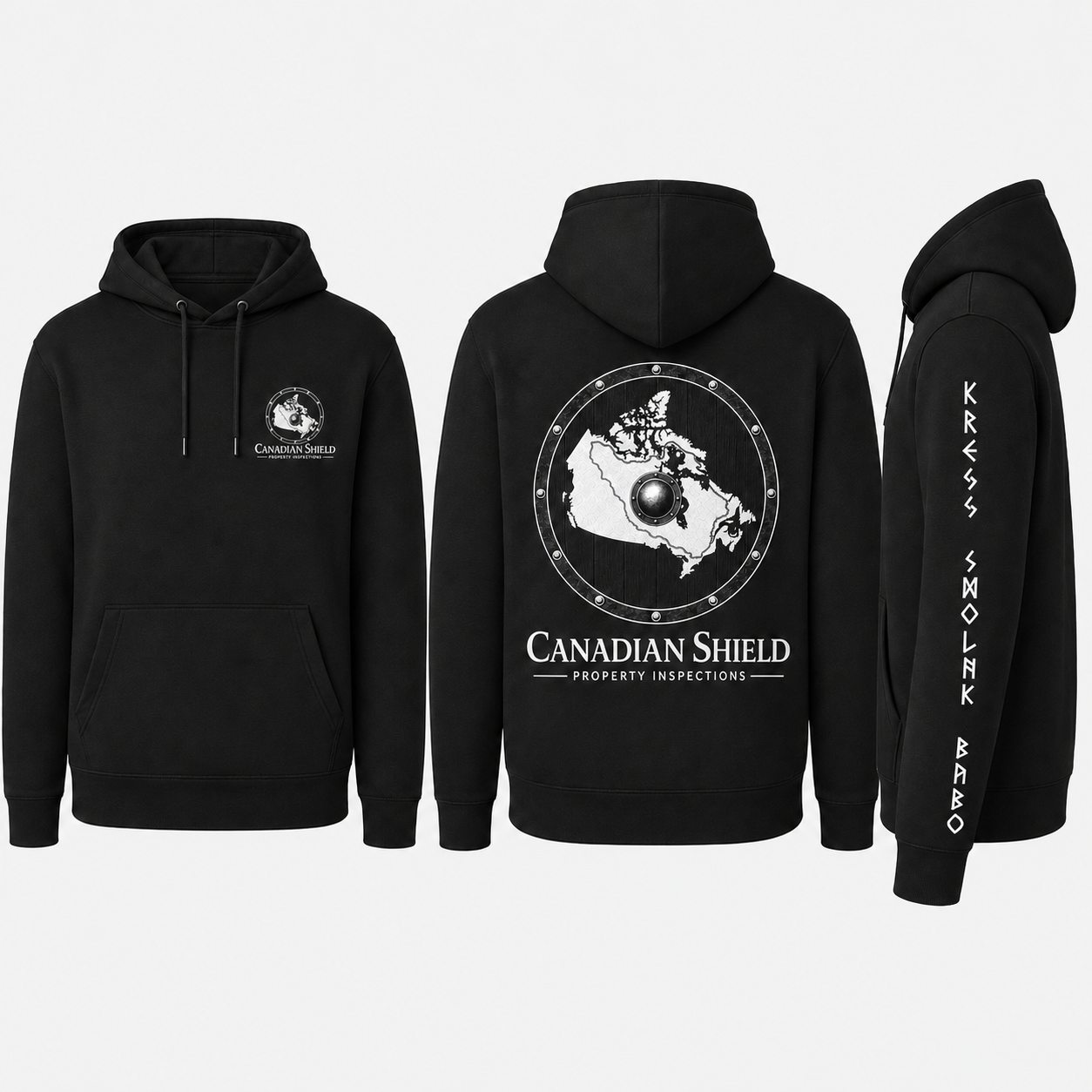 Canadian Shield black pullover hoodie with the shield crest on the back